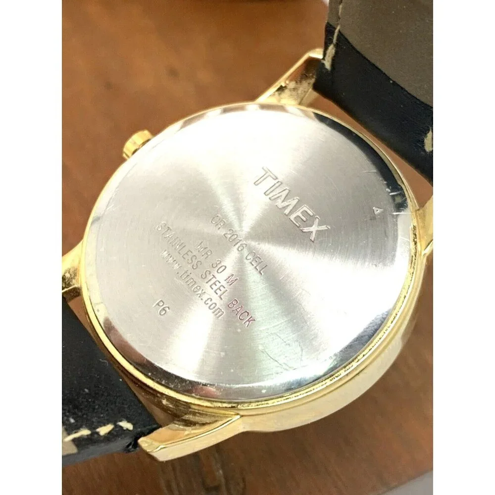 Timex Men's Watch T2H291 Quartz Indiglo Gold White Dial Black Leather Band 35mm